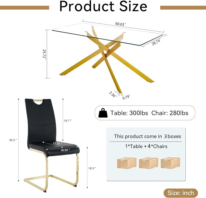 Modern Glass Dining Table Set for 4, Gold Glass Kitchen Table and Chairs Set of 4, 5 Piece Dining Room Table Set with 61" Rectangular Metal Glass Dinner Table and 4 Black Leather Dining Chairs
