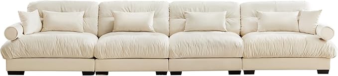 Ball & Cast 166" Sectional Cloud Couch,Modular Velvet Sofa with Bolstered Armrests,6 Pillows,Deep Seat,Convertible L Shaped Couch for Living Room,Modern Comfy Sofa,Cream