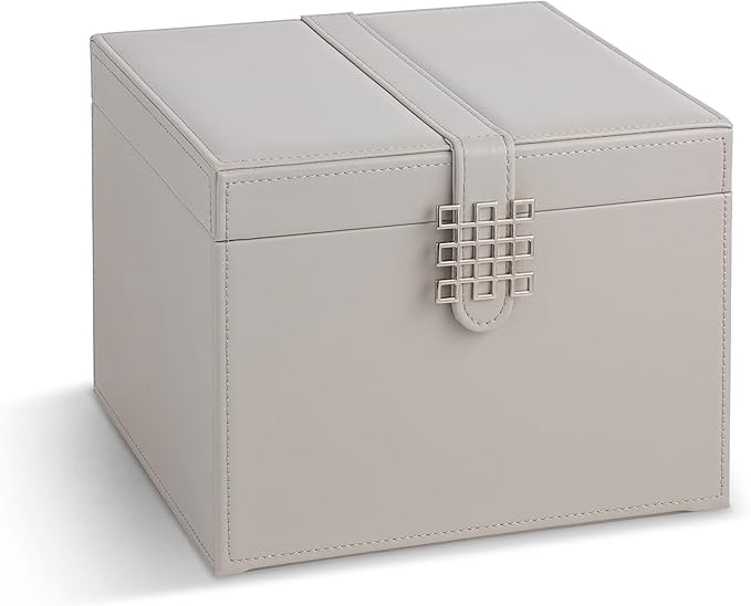 Earring Organizer Holder - 75 Small & 4 Large Slots Classic Jewelry Box with Drawer & Modern Closure, Mirror, 4 Trays Earrings, Ring or Chain Storage - PU Leather Case - Grey