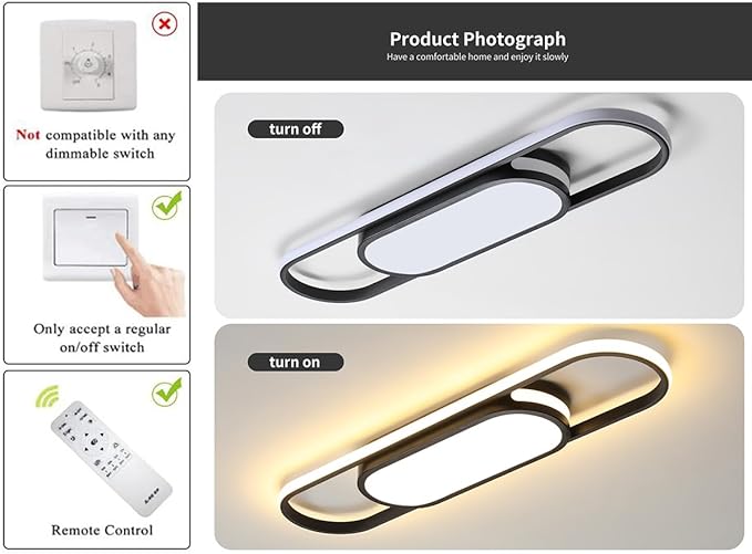 Tioolo Modern LED Linear Ceiling Lights Dimmable LED Ceiling Lamp with Remote Control 2.3ft Acrylic Flush Mount Ceiling Lighting Fixtures for Living Room Kitchen Dining Room (40W/3000-6500K/Black)