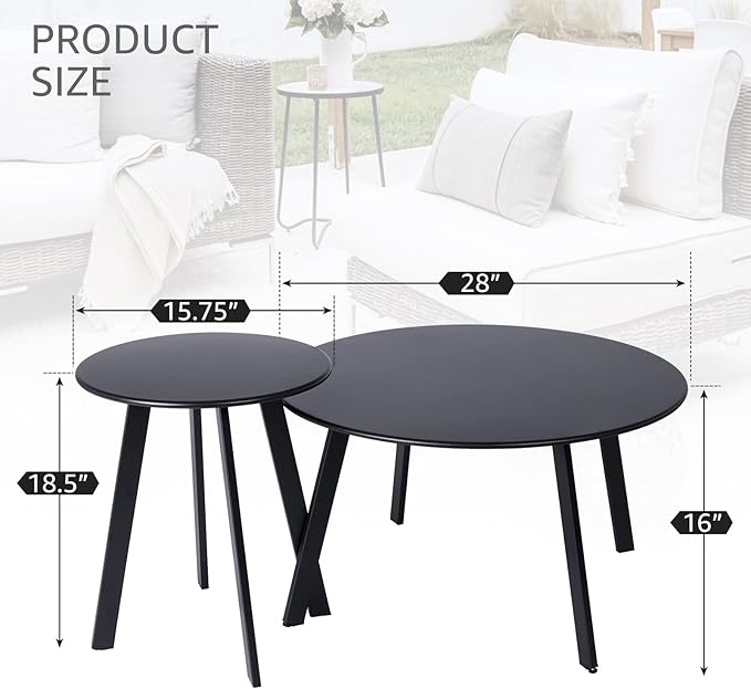 Outdoor Patio Coffee Table Set of 2, Weather Resistant End Table, Round Nesting Tables for Living Room Balcony Office,Black