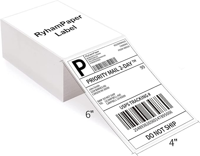 RyhamPaper 4" x 6" Fanfold Direct Thermal Labels White Mailing Postage Labels, Perforated, Permanent Adhesive Shipping Labels (1 Stacks - 500 Labels)