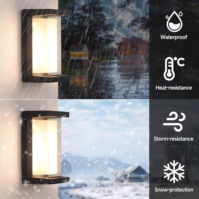 FUPE 24W LED Outdoor Wall Lights 3 Color Exterior Wall Sconce Outside Light Fixtures Exterior Porch Wall Lighting with Double Shade, Modern Matte Black Wall Lamps for Patio Front Door Entryway, 1-Pack