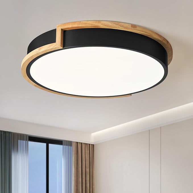 Modern LED Close to Ceiling Light, Round Flush Mount Ceiling Lighting Fixture, Matte Black with Wood Accent, Minimalist Kitchen Light Fixtures for Bedroom, Entryway, Living Room, 15.8in