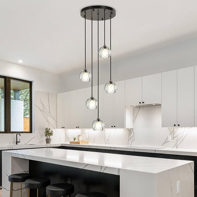 5 Lights Cluster Pendant Lighting, Brushed Black Crystal Pendant Chandelier, Foyer Chandelier Light Fixture Modern Hanging Lights for Kitchen Island Dining Room