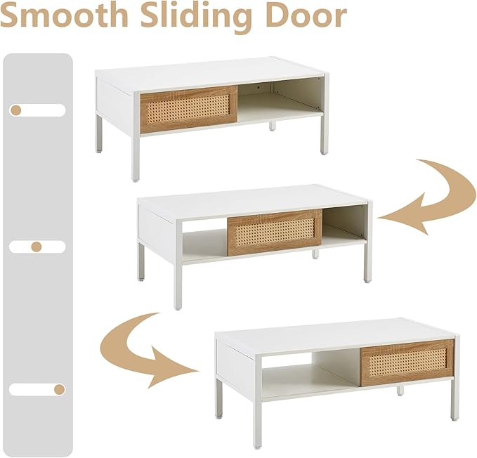 Rattan Coffee Table 40.16" Mid Century Modern Coffee Table with Storage Farmhouse Rectangle Wooden Accent Center Sofa Table with Rattan Sliding Door for Living Room (White)