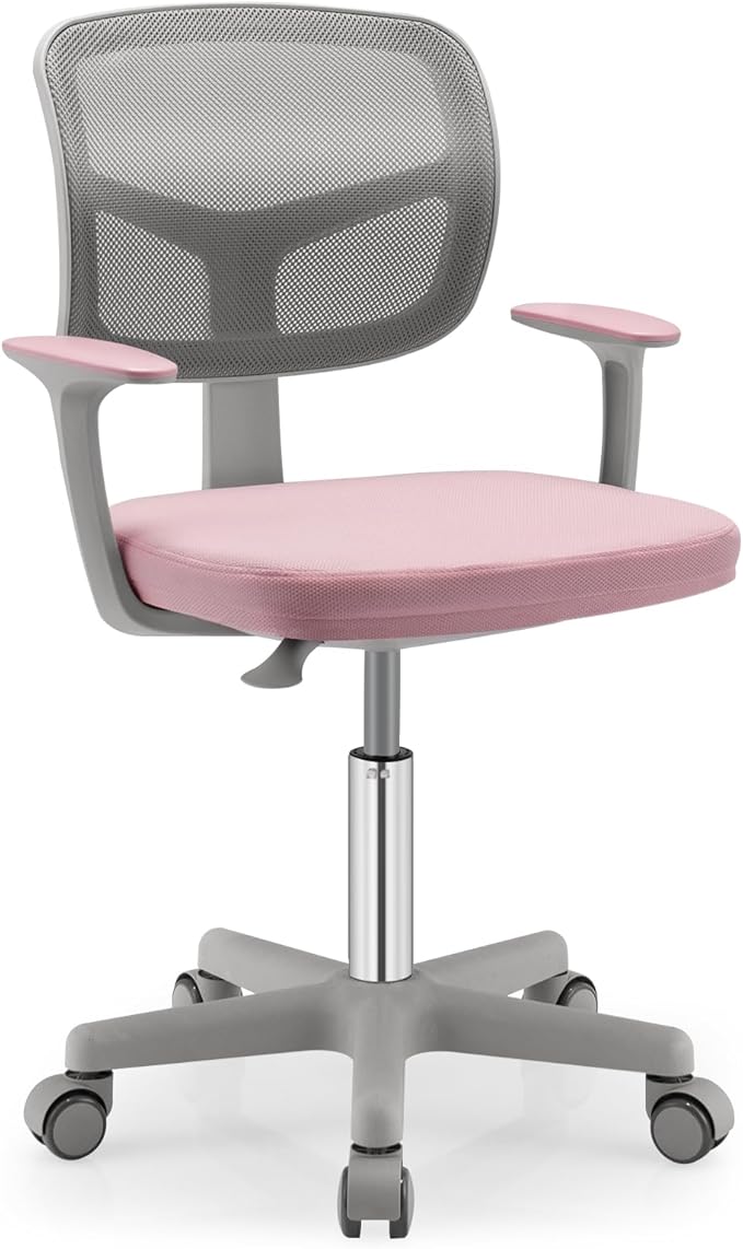 Giantex Kids Desk Chair, Children Computer Chair with Wheels and Y-Shaped Lumbar Support, Mesh Kids Study Seating, Height Adjustable Desk Chair for Girls Boys Aged 4-13, Pink