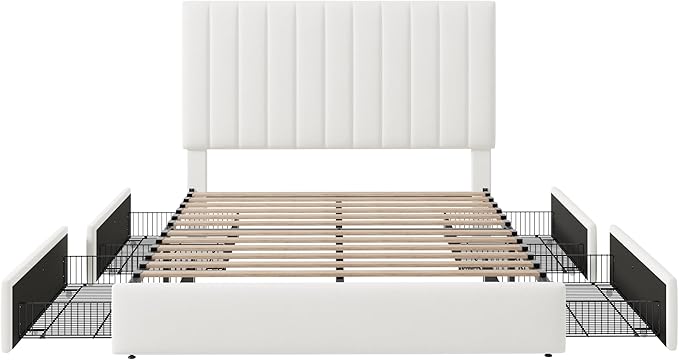 Allewie Full Size Storage Bed Frame, Vertical Channel Tufted Adjustable Headboard, Velvet Upholstered Platform Bed with 4 Oversized Underbed Drawers, Wooden Slats Support, No Box Spring Needed, White