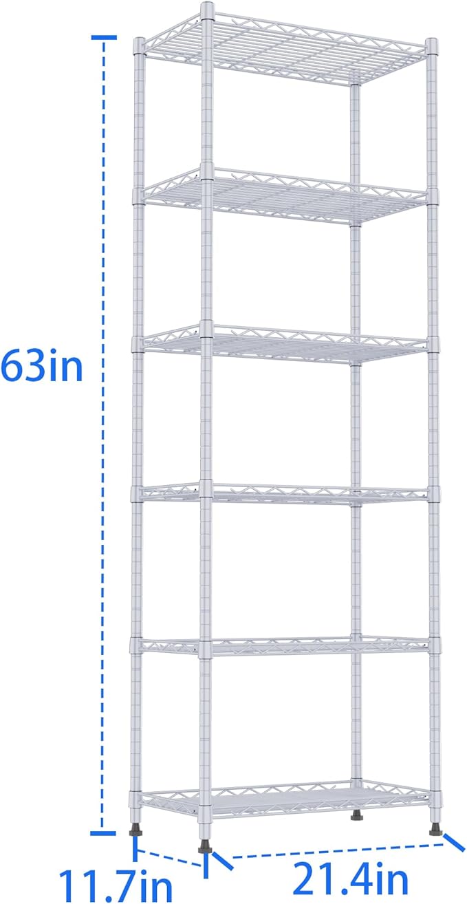 REGILLER 6 Wire Shelving Steel Storage Rack Adjustable Unit Shelves for Laundry Bathroom Kitchen Pantry Closet(Silver,11.7" D x 21.4" W x 63" H)