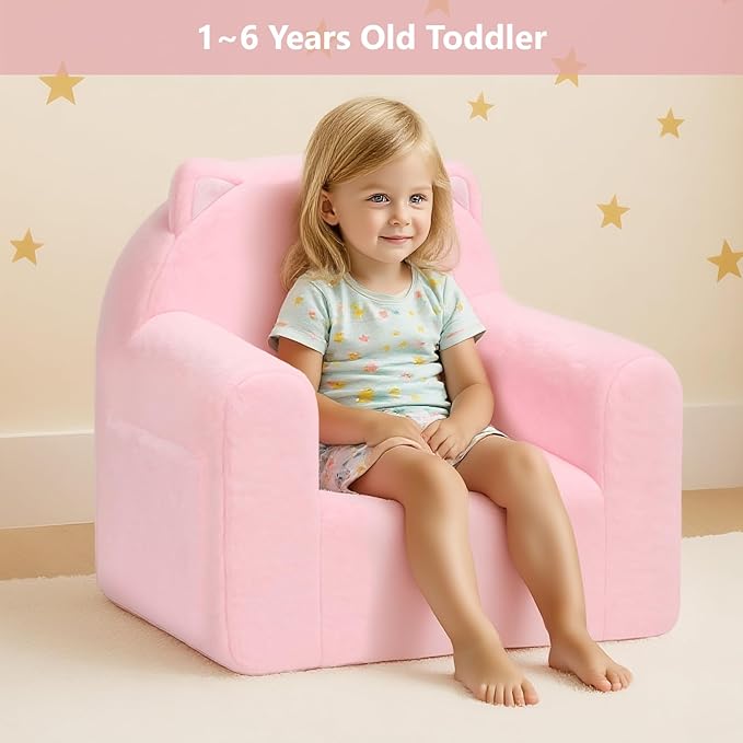 MONKISS Comfy Toddler Chair, Cute Toddler Foam Couch, High Back Kids Reading Armchairs, Birthday Gifts for Boys and Girls, 1-6 Years Old, SF07, Pink Cat