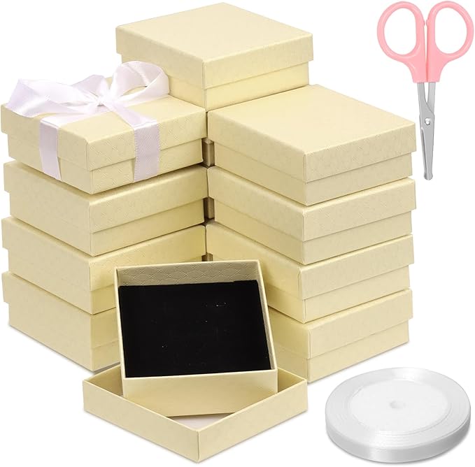 Glarks 17pcs Champagne Color 2.95 x 2.95in Jewelry Gift Boxes with Pink Scissors and White Polyester Ribbon Set, Diamond Pattern Necklace Earring Bracelet Boxes Gift Case Ideal