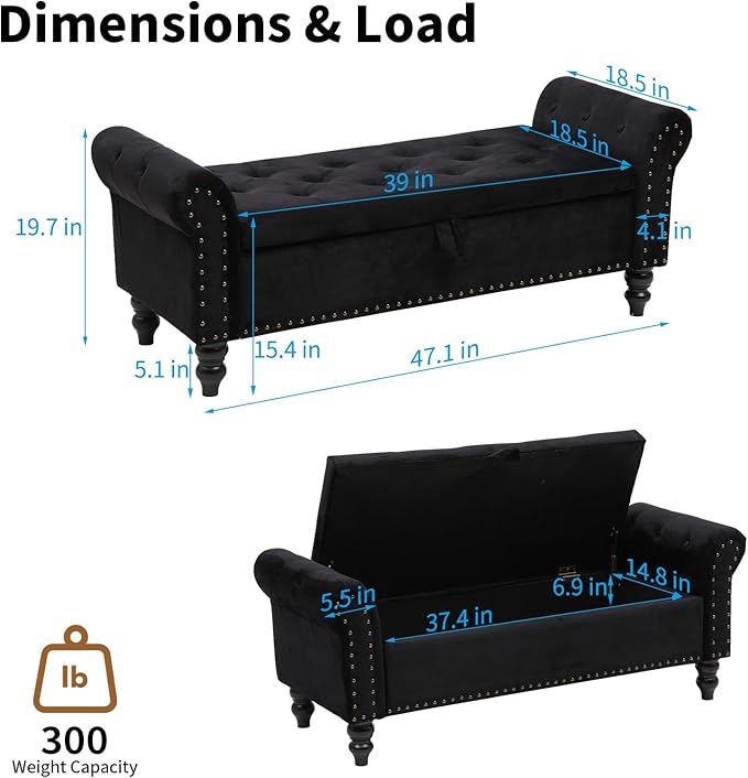 Storage Ottoman Bench with Arms, Velvet End of Bed Bench for Bedroom, Button Tufted Storage Bench for Entryway, Living Room,Hallway, Large Storage Bench Foot Rest (New Black)