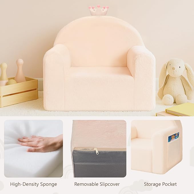 MONKISS Princess Toddler Chair, Cute Toddler Foam Couch, High Back Kids Reading Armchairs, Birthday Gifts for Boys and Girls, 1-6 Years Old, SF07, Beige Crown