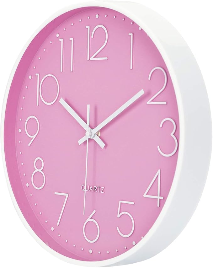 Lafocuse 12 Inch Pink Wall Clock Battery Operated for Kitchen Living Room, Silent Kids Analog Clock for Girls Bedroom, Pink Home Décor