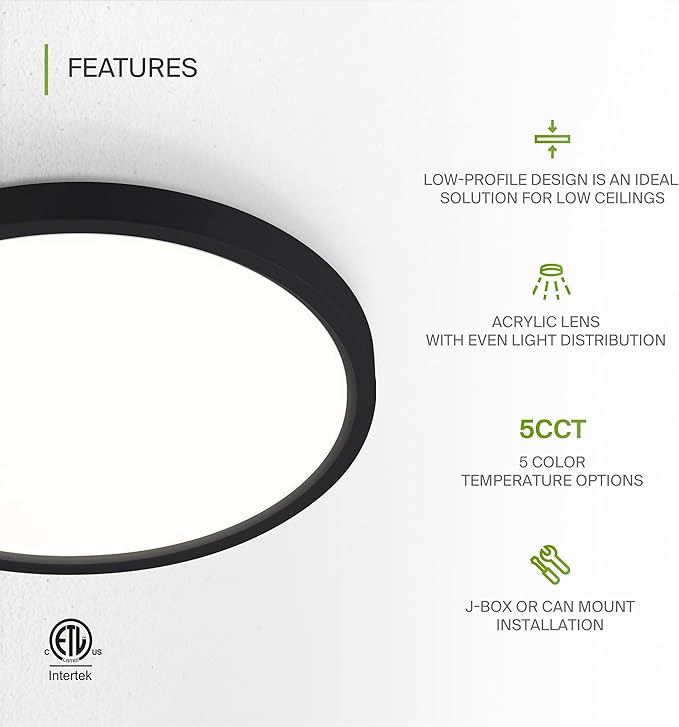 ASD LED 9" Round Flush Mount Ceiling Light Fixture, Low Profile Surface Lighting | 5CCT, Dimmable, Ultra-Thin, ETL Listed | 18W 1660LM 2700-6000K 120V | Kitchen, Bedroom, Hallway Lamp | Black, 12 Pack