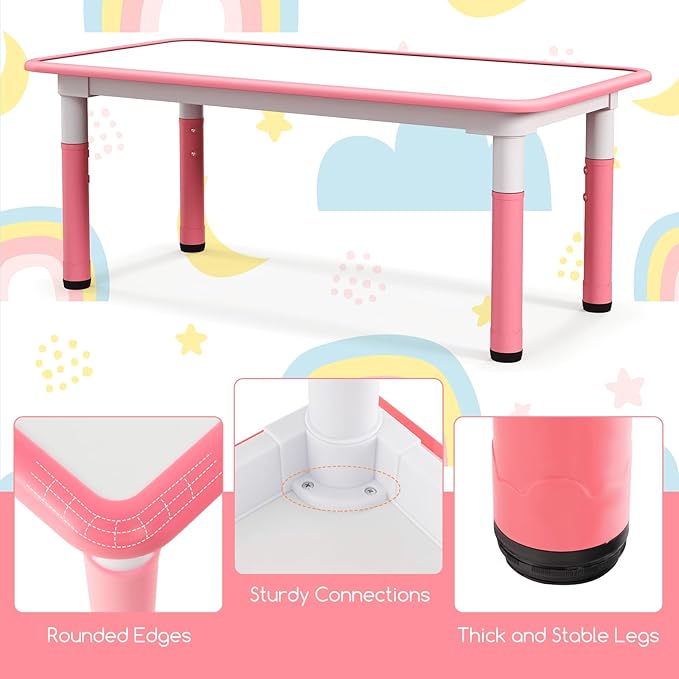 Costzon Kids Table and 4 Chair Set, Height Adjustable Toddler Desk and Chairs with Graffiti Desktop, Non-Slip Legs, Children Art Study Multi-Activity Table Set for Home, Daycare, School (Pink)