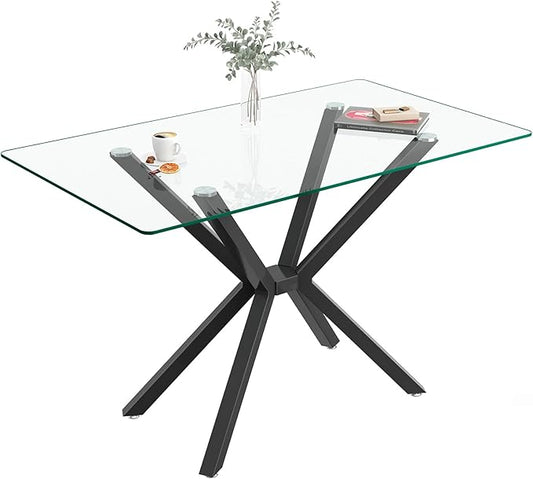 47'' Modern Glass Dining Table for 2-4 People, Rectangular Dining Room Table with Black Metal Legs, Clear Tempered Glass Top Dining Table for 4, Cpmpact Dinner Kitchen Table for 4