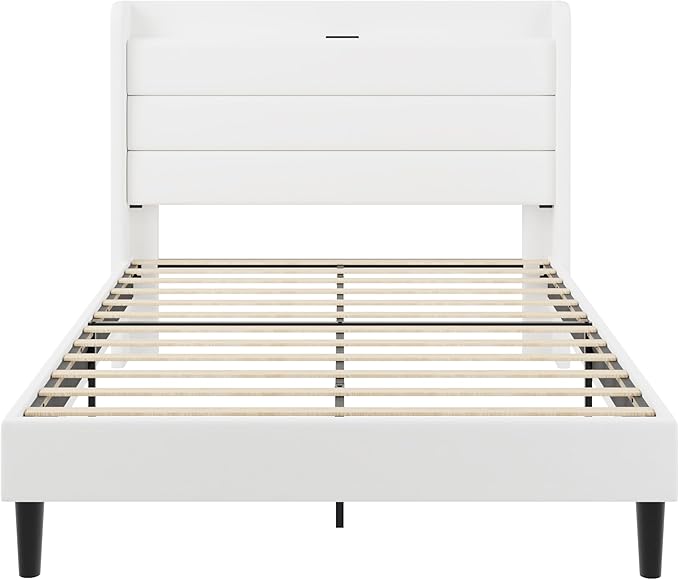 SHA CERLIN Full Size Bed Frame with Charging Station, Velvet Upholstered Platform Bed, Wingback Storage Headboard, Type-C & USB Ports, Strong Wooden Slats, No Box Spring Needed, Easy Assembly, White