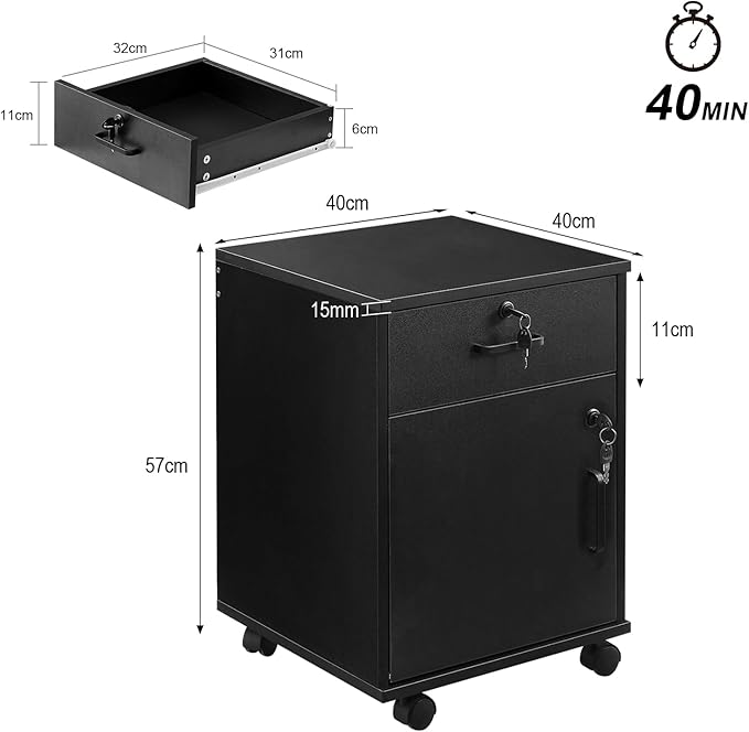 Mobile File Cabinet with Lockable Drawer & Door, Under Desk Storage Cabinet with 360°Swivel Wheels, Wooden Stationery Storage Cabinet for Legal/Letter/ A4 Documents (Black)