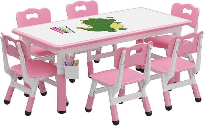 GAOMON Kids Table and 6 Chair Set with Storage Box, Height Adjustable Toddler Table and Chairs Set for Ages 2-10, Graffiti Desktop, Non-Slip Legs, Children Activity Table for Daycare Classroom Home