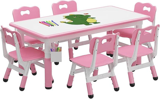 GAOMON Kids Table and 6 Chair Set with Storage Box, Height Adjustable Toddler Table and Chairs Set for Ages 2-10, Graffiti Desktop, Non-Slip Legs, Children Activity Table for Daycare Classroom Home