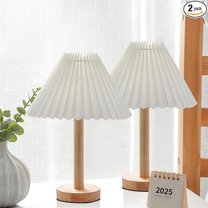 Zenply Small Table Lamp 2PC, Bedside Nightstand Mini Lamp for Bedroom Living Room Side Table Small Spaces, Pleated Aesthetic Vintage Lamp Warm White LED Bulb Included