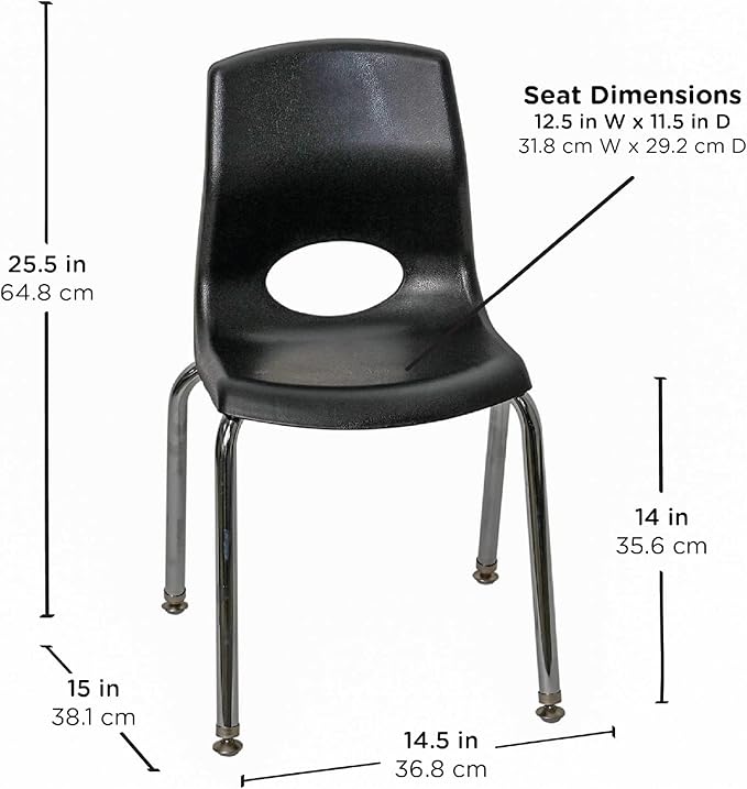 Children’s Factory MyPosture Plus 14" Chair, Black with Chrome Legs, 2 Pack, Stackable Ergonomic Seating Solution for Classrooms and Homeschools