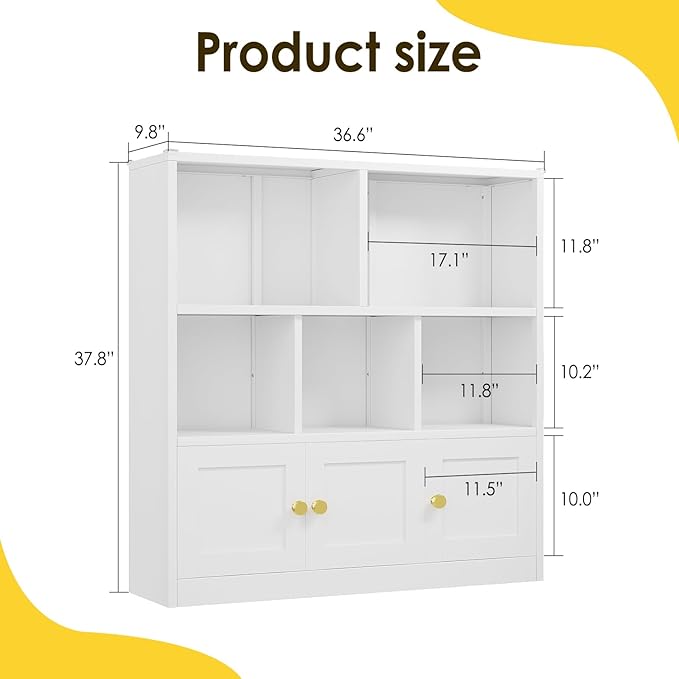 Toy Storage Organizer and Metal Kids Bookshelf with 3 Storage Cabinet and 5 Open Shelves, Multifunctional Display Shelf for Bedroom & Playroom, Ideal for Organizing Books, Toys & Decor, White