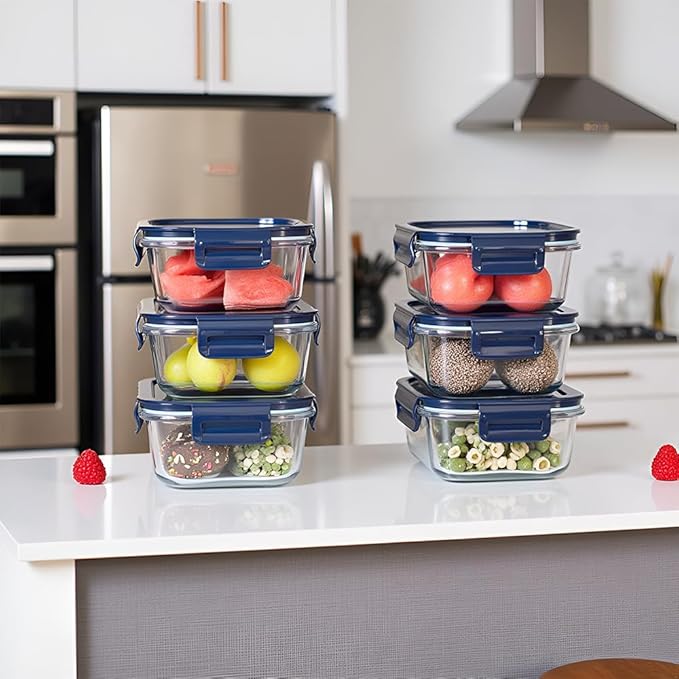 Square Glass Food Storage Containers With Lids，2 Cup Square Glass Containers With Lids, Small Food Containers, 16 oz Leak-proof lunch Bowls, Dishwasher Microwave Freezer Safe -(Dark Blue)