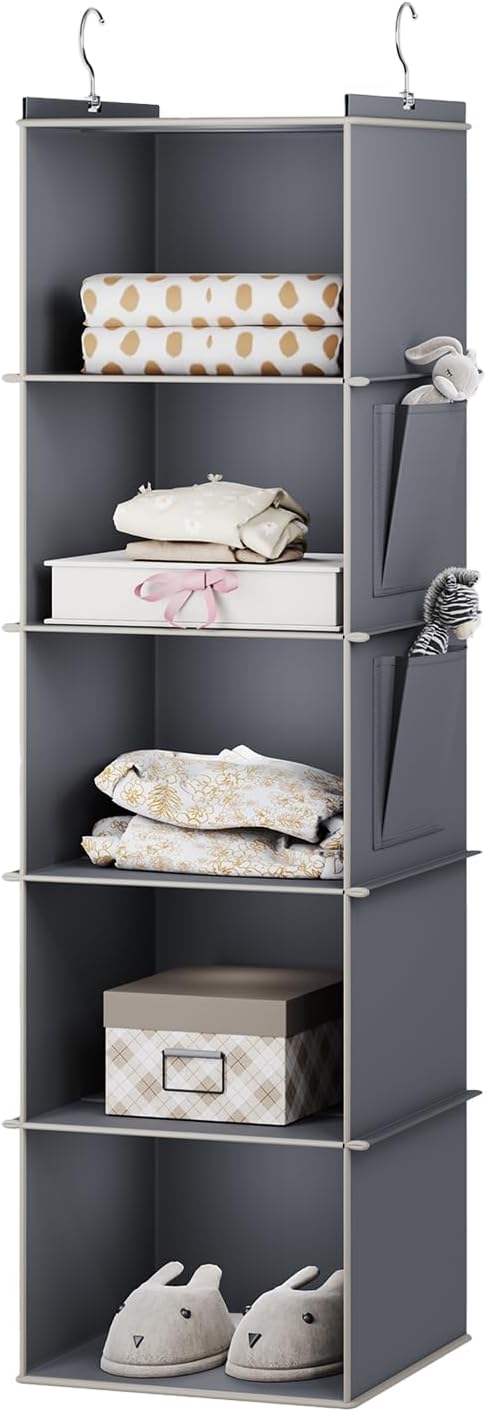 Hanging Closet Organizer, 5-Shelf Closet Hanging Storage Shelves, Grey