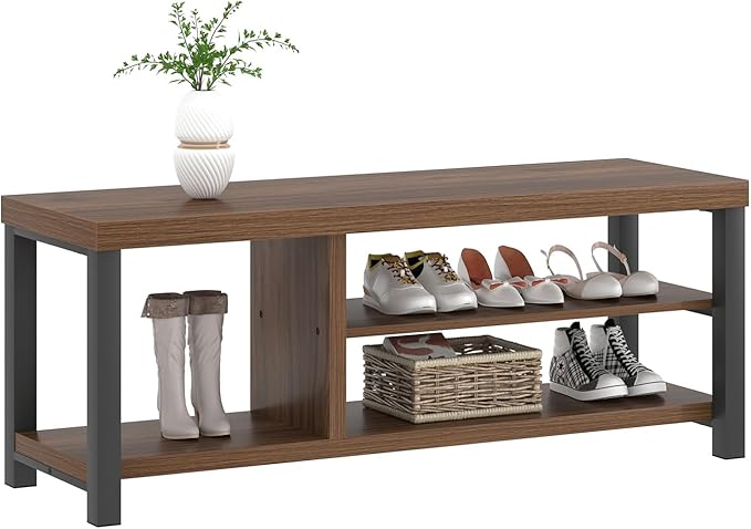 FOLUBAN Shoe Bench, Modern Wood and Metal Storage Bench for Entryway Hallway, Industrial Indoor Shoe Rack Bench Seat for Bedroom, Living Room, Rustic Walnut, 43.3 Inch