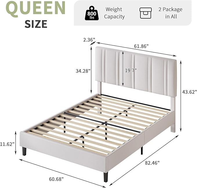 Queen Bed Frame, Upholstered Platform Bed with Button Tufted Headboard, White Bed Frame Queen Size, No Box Spring Required, Easy Assembly, White
