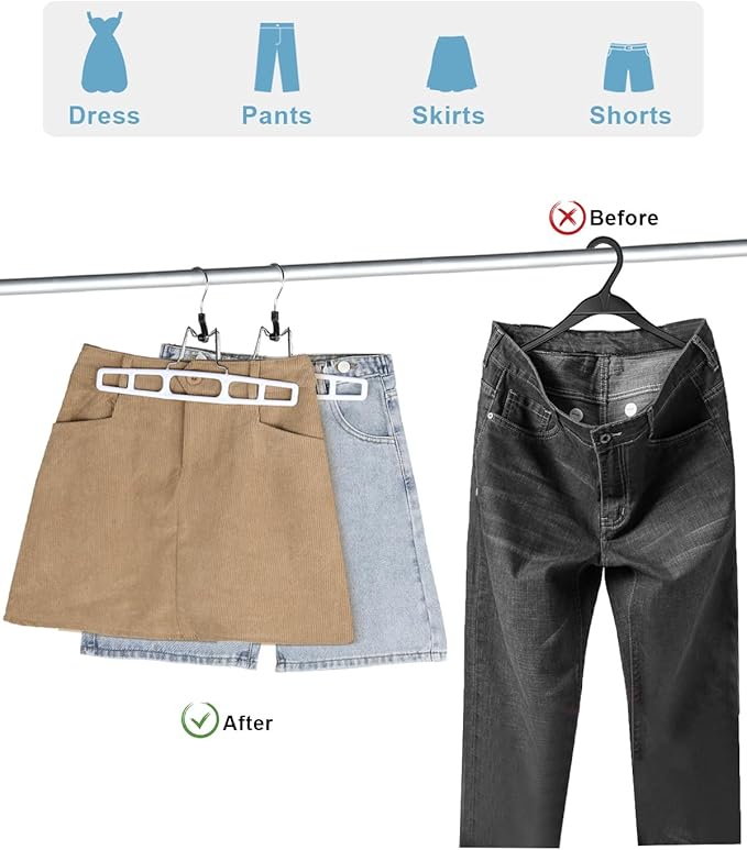 AMKUFO 20 Pack Pants-Hangers Skirt-Hangers, Plastic Pant-Hangers-for-Women Men, Pants-Hangers-Space-Saving, Clamp Hangers-for-Pants Jeans Shorts Tie Belt