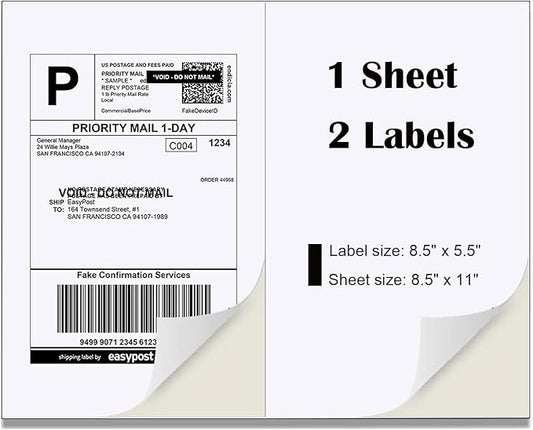 Half Sheet Laser/Ink Jet Shipping Labels UPS FedEx Address Labels (2000 Sheets, 4000 Labels)