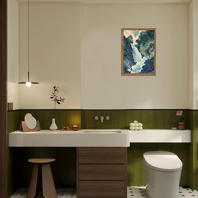 Framed Japanese Waterfall Canvas Wall Art, Abstract Landscape Wall Decor Paintings, Blue Green Nature Mountain Pictures Prints Zen Aesthetics Home Decor for Living Room Bedroom Bathroom 16x24 inch