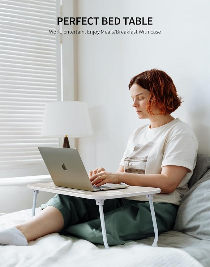 Laptop Bed Desk, Foldable Lap Table, Portable Study Table, Laptop Stand with Cup Holder & Tablet Slot & Lifting Handle for Working Writing Drawing & Eating - Baby Blue