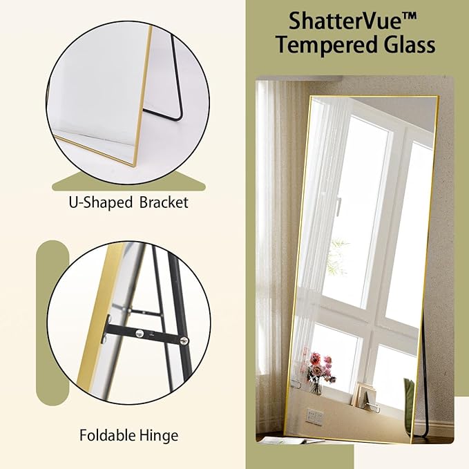 BEAUTYPEAK Full Length Mirror 64"x21", Standing Rectangle Floor or Wall-Mounted Mirrors for Living Room, Bedroom, Gold