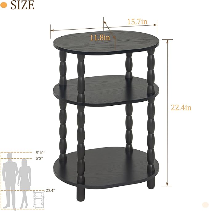 MaxSmeo Black Side Table, 3-Tier Small Oval End Table, Modern Night Stand Wood Accent Table for Living Room, Bedroom, Black
