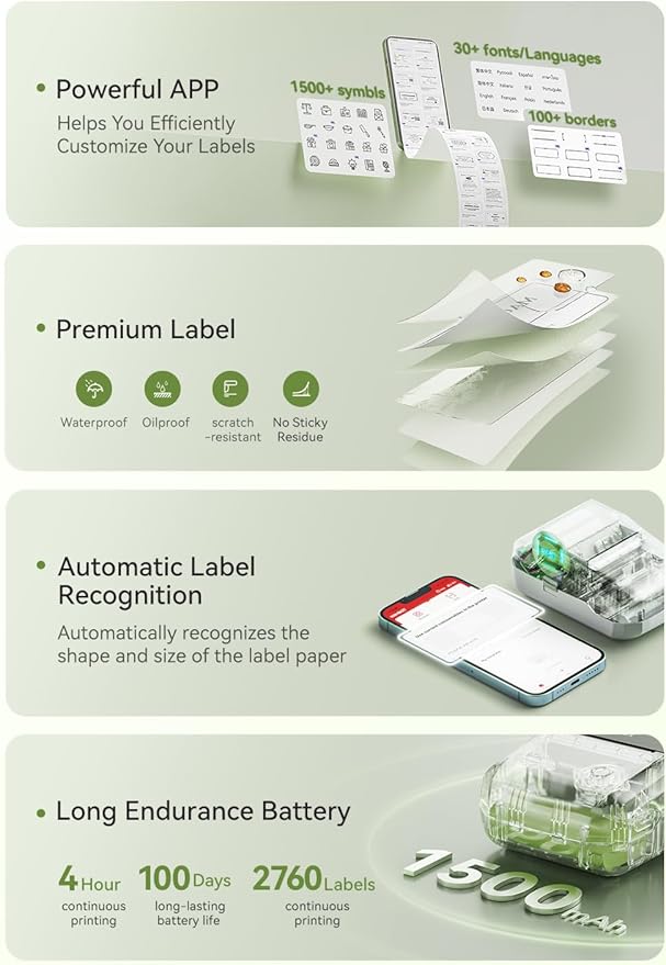 NIIMBOT B1 Label Maker, Bluetooth Portable Thermal Printer Machine with Large Waterproof Tape and Multiple Templates for Small Business,Office,Home,School, 2 Inch (Green, 1 Printer+1 Roll Label)