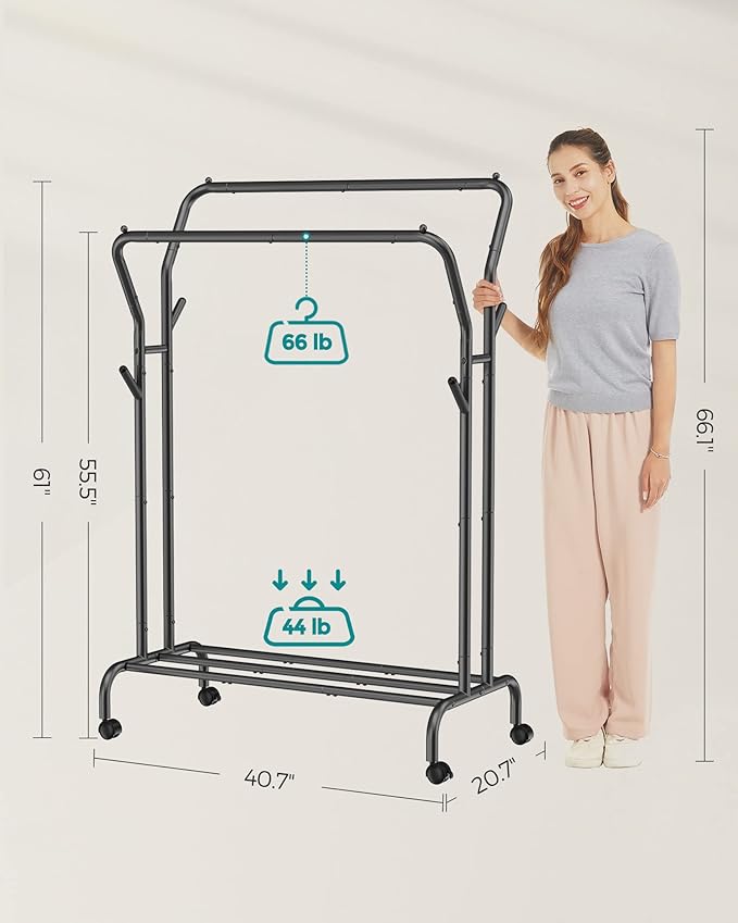 SONGMICS Clothes Rack, Double-Rod Clothing Rack for Hanging Clothes with Wheels, Garment Rack, Metal Frame, 220 lb Max. Total Load, 40.7 Inches Wide, Clothes Storage and Display, Black UHSR107B01