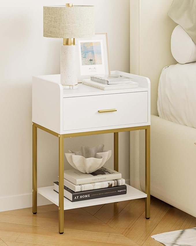 Masupu Nightstand,3-Tier Modern Bedside Night Stand with Storage Drawer and Shelf,Small End Side Table for Bedroom,Living Room,White (Without Outlet, White)