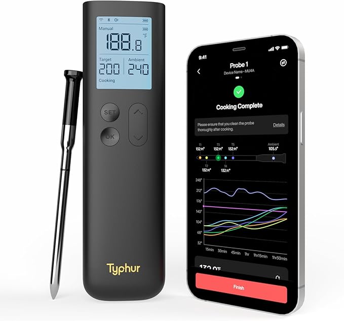 Sync Wireless Bluetooth Smart Meat Thermometer with WiFi | Standalone Base and Control | Unlimited Range | Enhanced 10X Signal for Improved Stability | NIST Certified Accuracy | BBQ Oven Smoker Grill