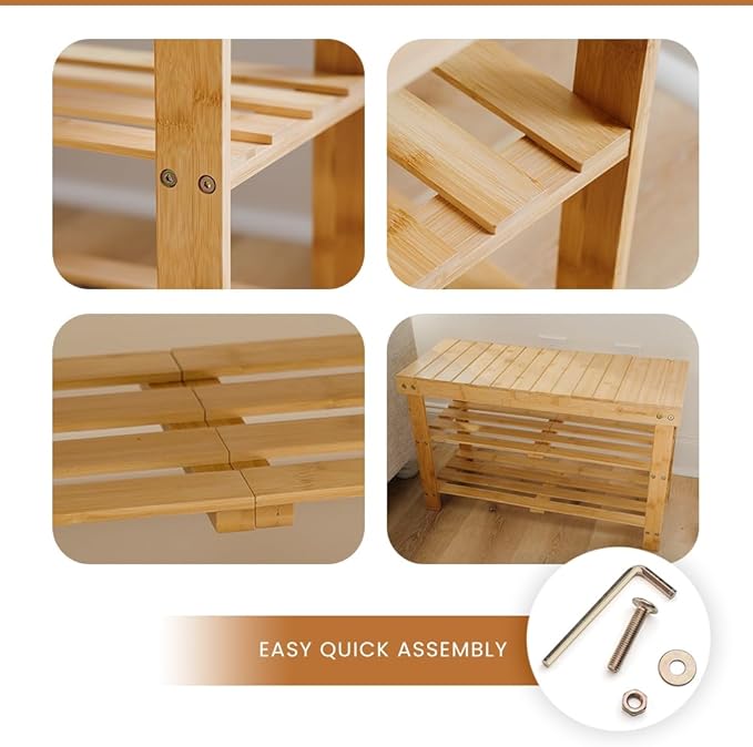 Leaf & Grain Bamboo Shoe Rack - Shoe Storage Bench for Front Door Entrance - Entryway Bench with Shoe Shelf, Shoe Storage Organizer, Wooden Shoe Rack, Durable Shoe Bench for Home (Brown)