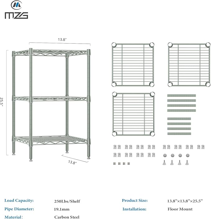 750 lbs 3-Shelf Storage Shelves Wire Shelving Unit Standing Metal Rack for Small Places Narrow Wire Rack for Bathroom, Green 13.8 D x 13.8" W x 25.5" H