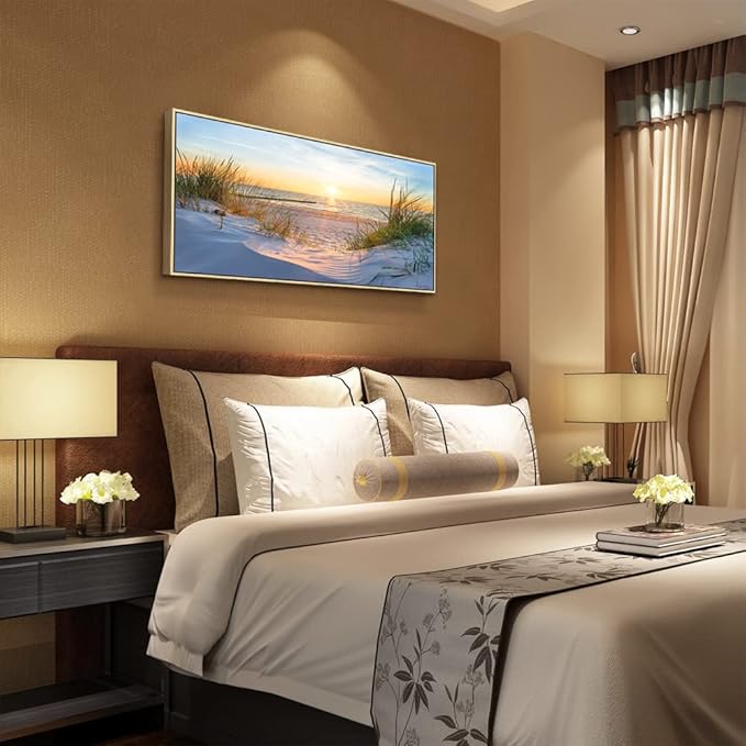 MHARTK66 Natural Wood Framed Wall Art for Living Room Modern Wall Decor for Bedroom Office Decor Beach Landscapes Painting Canvas Art Prints Ready to Hang Wall Pictures Blue Ocean Artwork 20" X 40"