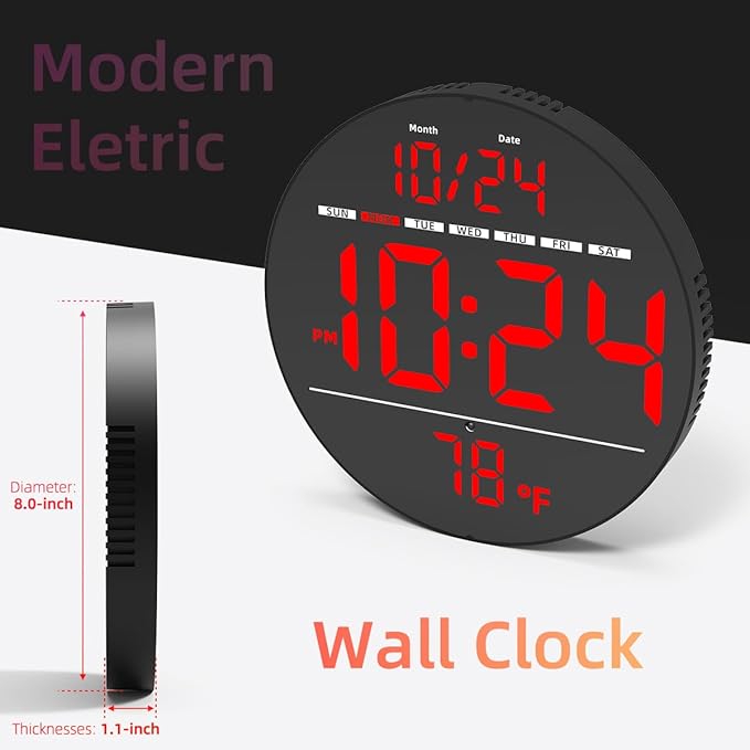 Digital Wall Clock with Large LED Display, Date, Temperature, Auto-Brightness | Small [PLUG-IN] Clock | Modern Electric Wall Clock for Bedroom, Classroom, Living Room, Home, Office, Farmhouse – Red