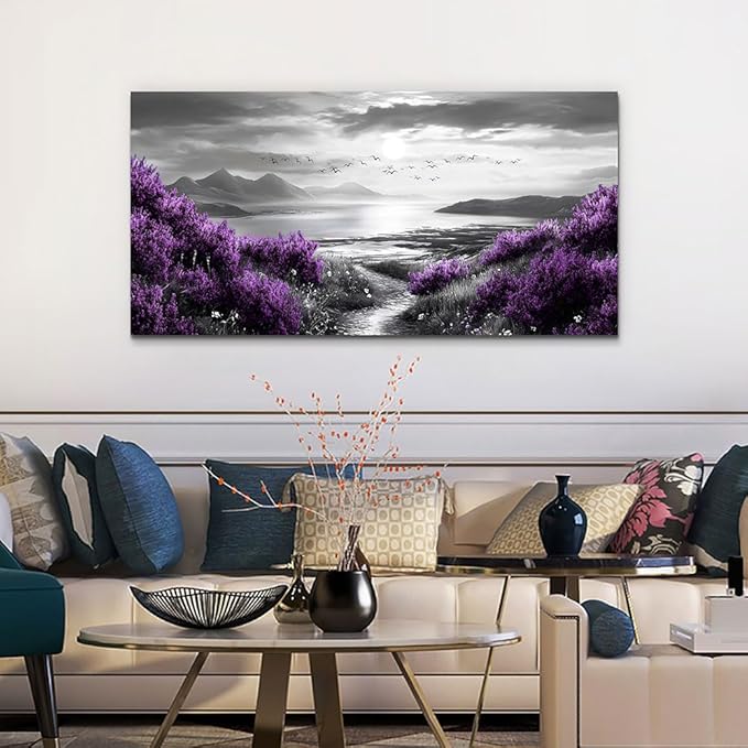 Canvas Wall Art for Living Room Large Wall Decor for Bedroom Modern Office Wall Decoration Purple Flowers Landscape Paintings Black and White Scenery Pictures Artwork Aesthetic Home Decor