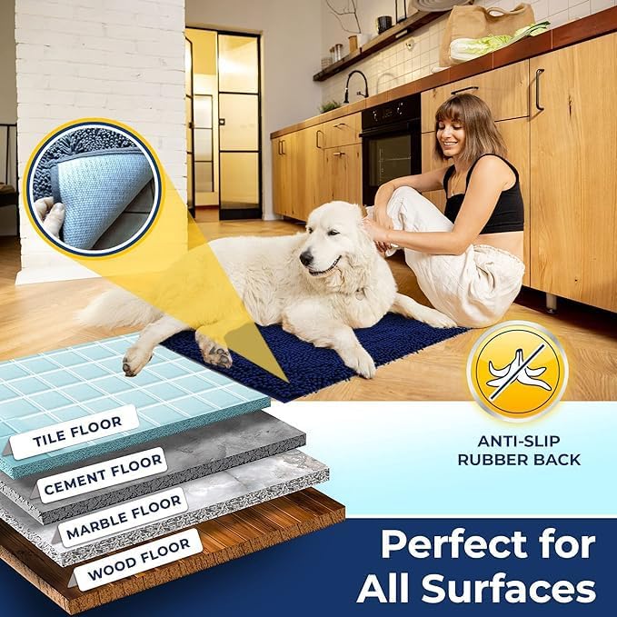 Muddy Mat Chenille Bathroom Rugs Quick Dry Microfiber Mats Non Slip Washable, Extra Thick, Soft and Highly Absorbent Bath Mats for Bathroom, Kitchen, and Shower Floor - Navy Blue Large 35"X24"