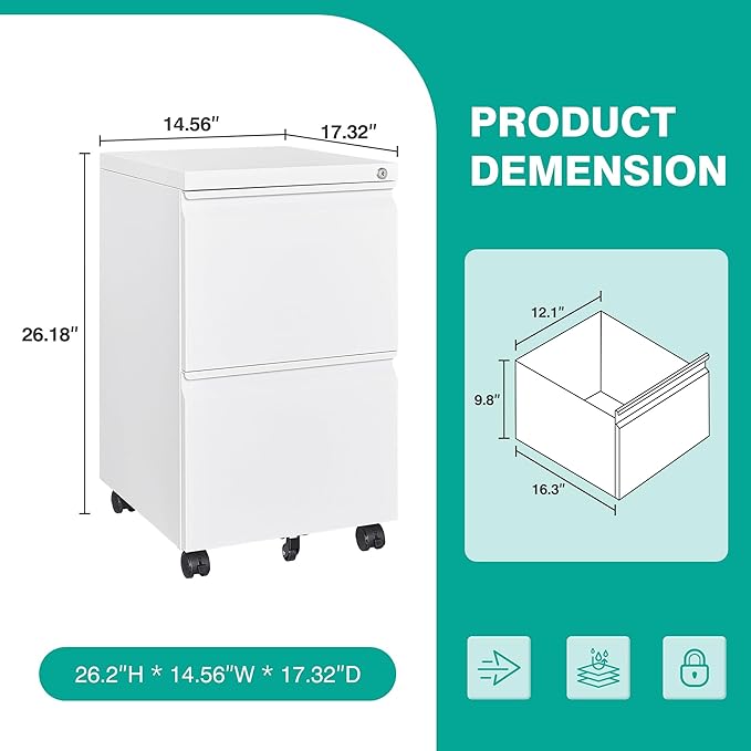 SISESOL 2 Drawer File Cabinet with Lock and Wheels,White Rolling File Cabinets,Locking Mobile Metal Filing Cabinet for Home Office,Under Desk,Fit A4/Letter/Legal File, Easy Assembly
