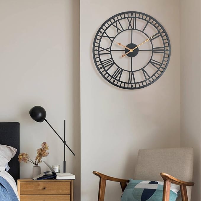 18 Inch Wall Clock for Living Room Decor, Silent Non-Ticking Battery Operated Metal Wall Clock, Indoor Outdoor Clocks with Roman Numerals, Black